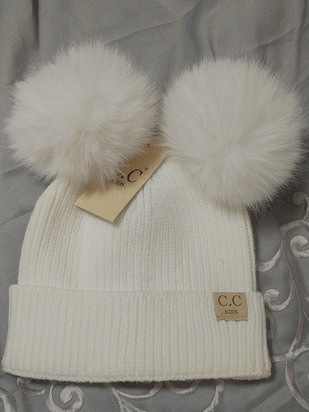 C.C Kids Cream Double Pom Pom Knit Beanie